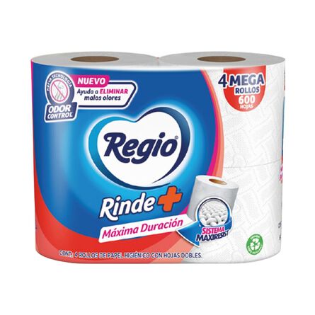 Regio Rinde+ 4 Mega Rollos 600 Hojas Dobles Papel Higiénico
