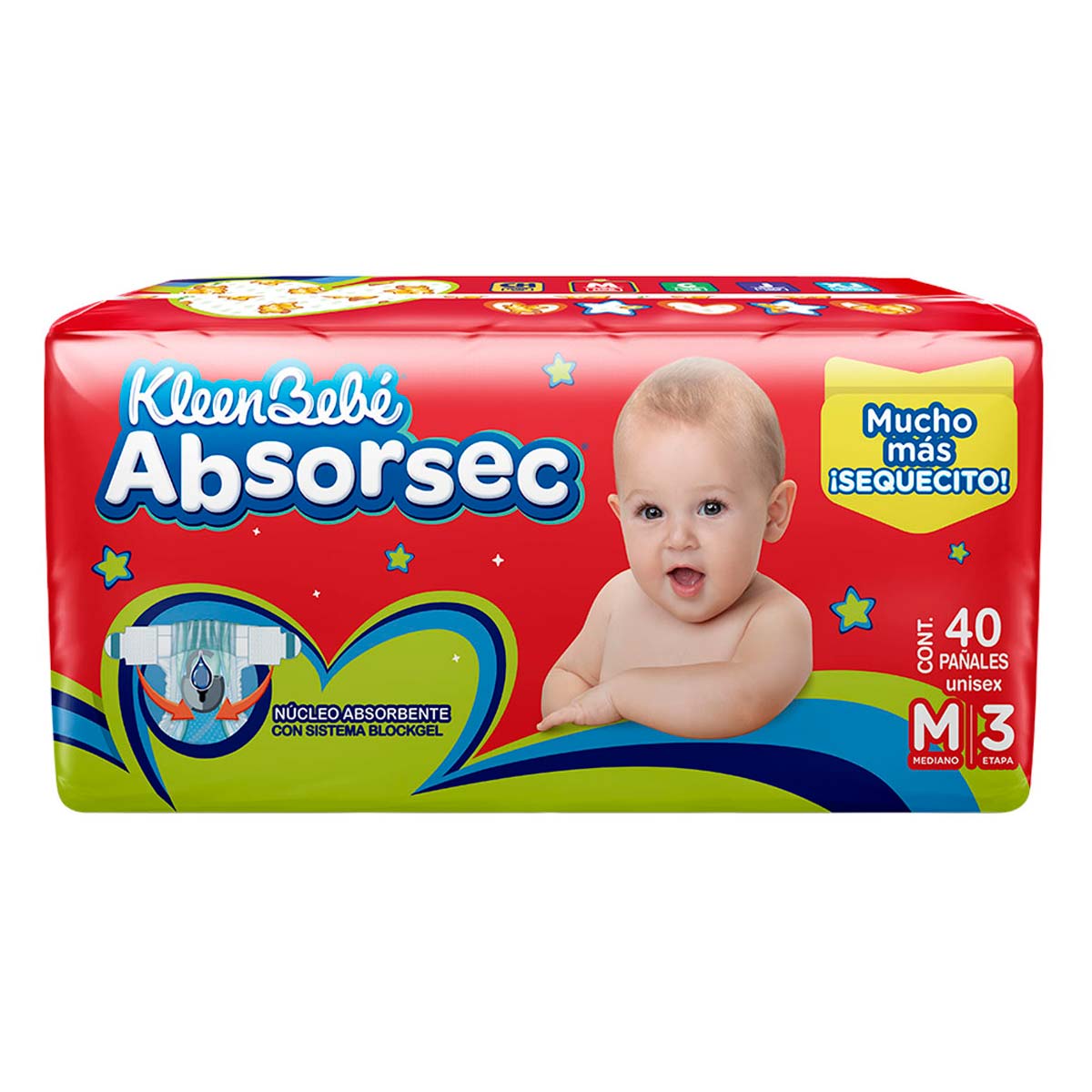 Pañales Absorsec Tercera Etapa 3 M 40 pzas Mediano Kleenbebe Absorsec