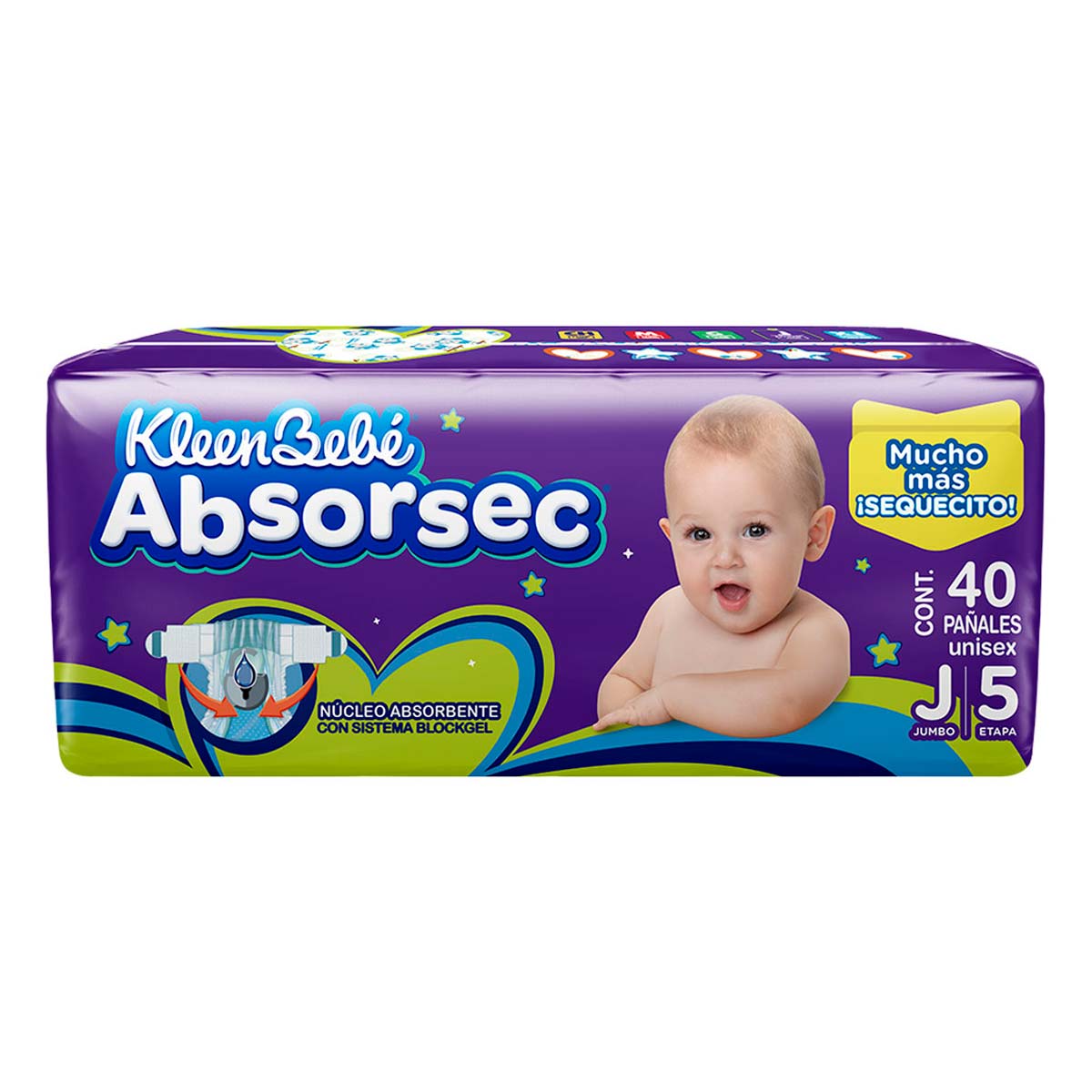 Pañales Absorsec Quinta Etapa 5 J 40 pzas Jumbo Kleenbebe Absorsec