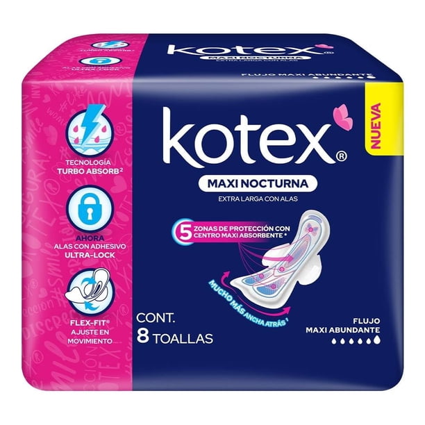 Toallas Kotex Maxi Nocturna 8 Pz Extra Largas Con Alas