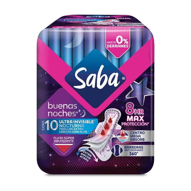 Toallas Saba Buenas Noches 10 Pz Ultra Invisible Extra Largas Con Alas