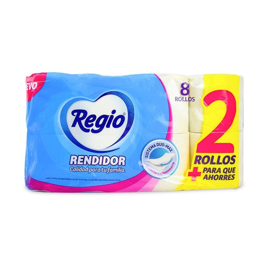 Regio Rinde+ 8 Super Rollos 300 Hojas Dobles Papel Higiénico