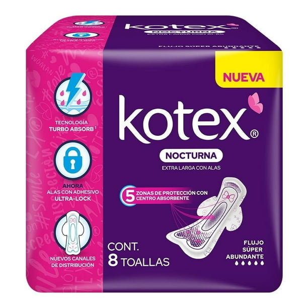 Toallas Kotex Nocturna 8 Pz Extra Largas Con Alas
