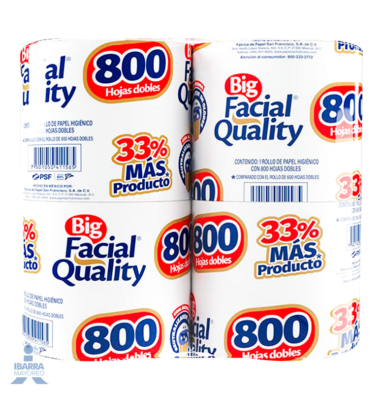 Big Facial Quality 4 Rollos Con 800 Hojas Dobles Papel Higienico