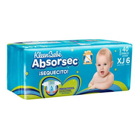 Pañales Absorsec Sexta Etapa 6 Xj 40 pzas Extra Jumbo Kleenbebe Absorsec