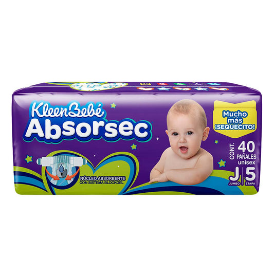 Pañales Absorsec Quinta Etapa 5 J 40 pzas Jumbo Kleenbebe Absorsec