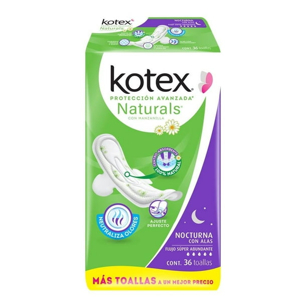 Toallas Kotex Naturals 36 Pz Nocturna Con Alas