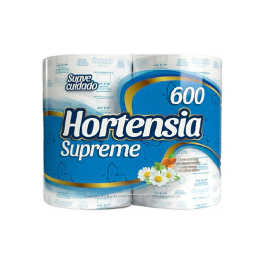 Hortensia 4 rollos con 600 Hojas Dobles Papel Higiénico
