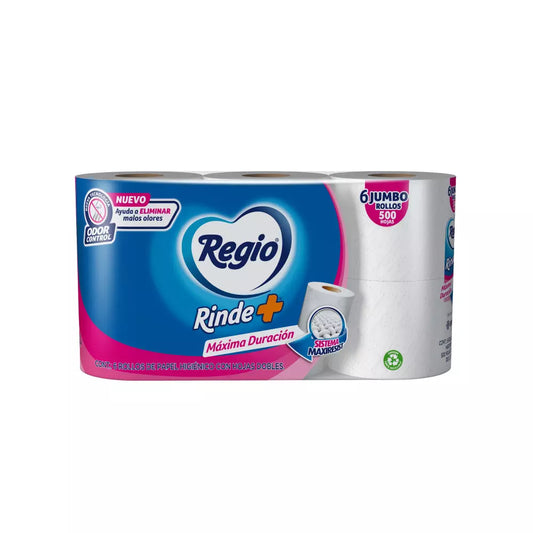 Regio Rinde+ 6 Jumbo Rollos 500 Hojas Dobles Papel Higiénico