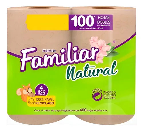Familiar Natural 4 rollos de 4Oo Hojas Dobles Papel Higuienico
