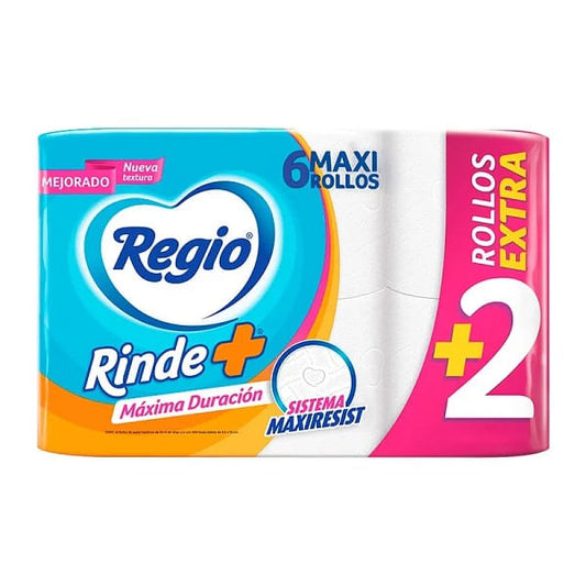 Regio Rinde+ 6 Super Rollos 375 Hojas Dobles Papel Higiénico