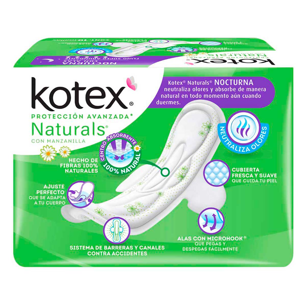 Toallas Kotex Naturals 10 Pz Nocturna Con Alas