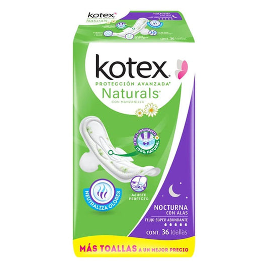 Toallas Kotex Naturals 36 Pz Nocturna Con Alas