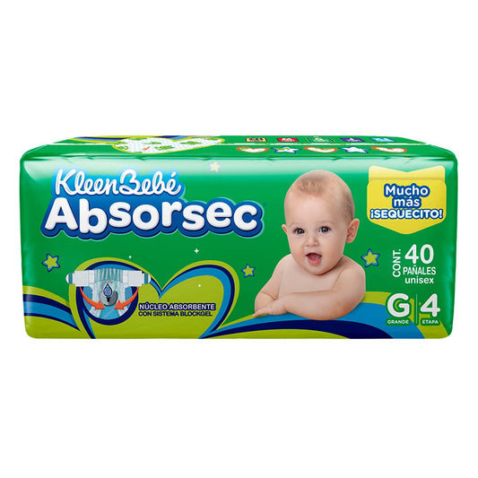 Pañales Absorsec Cuarta Etapa 4 g 40 pzas Grande Kleenbebe Absorsec